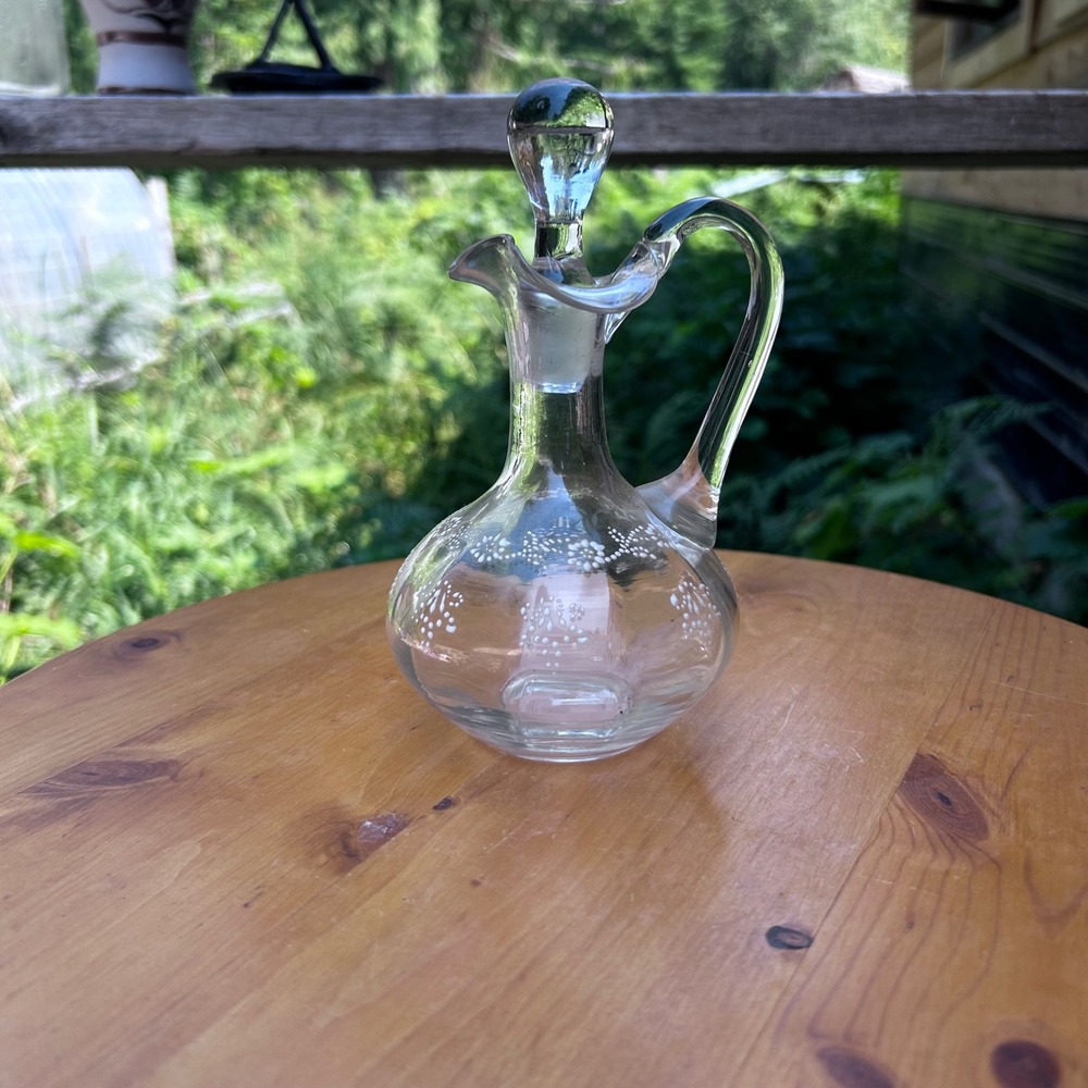 Vintage Hand Blown Glass Cruet Decanter Clear White Floral Enamel Ruffled Spout